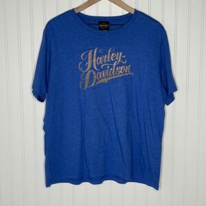 Harley Davidson Four Corners Graphic Rhinestone Blue Womens T-Shirt 2XL